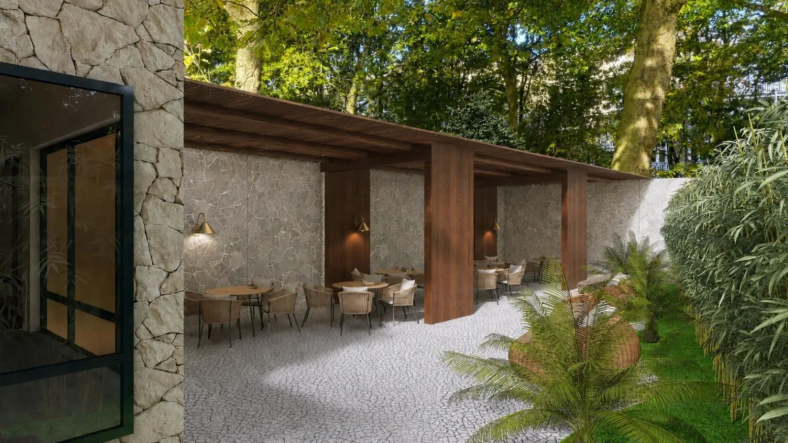 Area esterna con pergolato, sedute e materiali naturali
