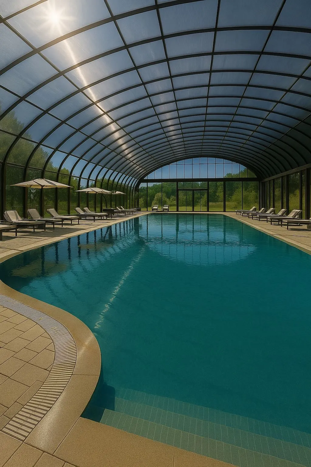 Piscina coperta con struttura trasparente e lettini relax