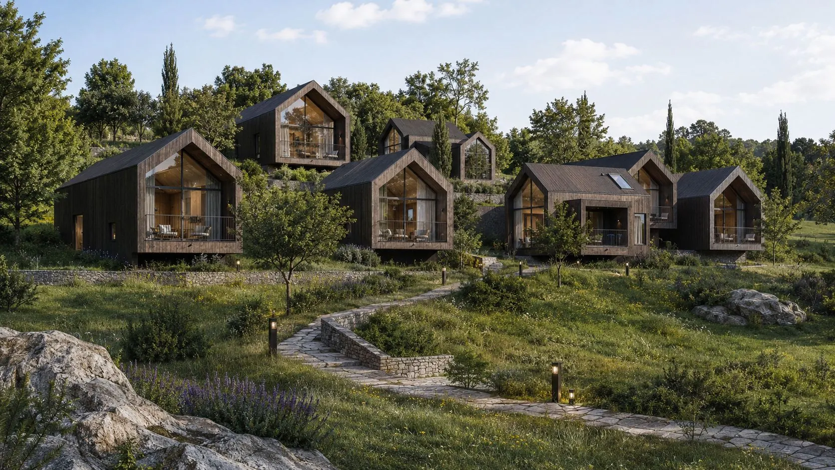 Moodboard resort: lodge, piscina, materiali, design e wellness